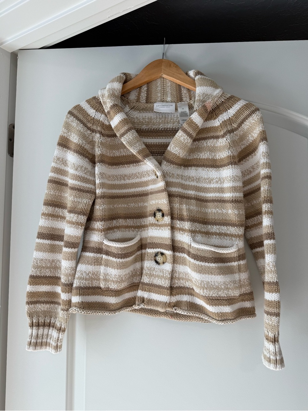 Liz Claiborne Striped Shawl Collar Cardigan in Beige and White